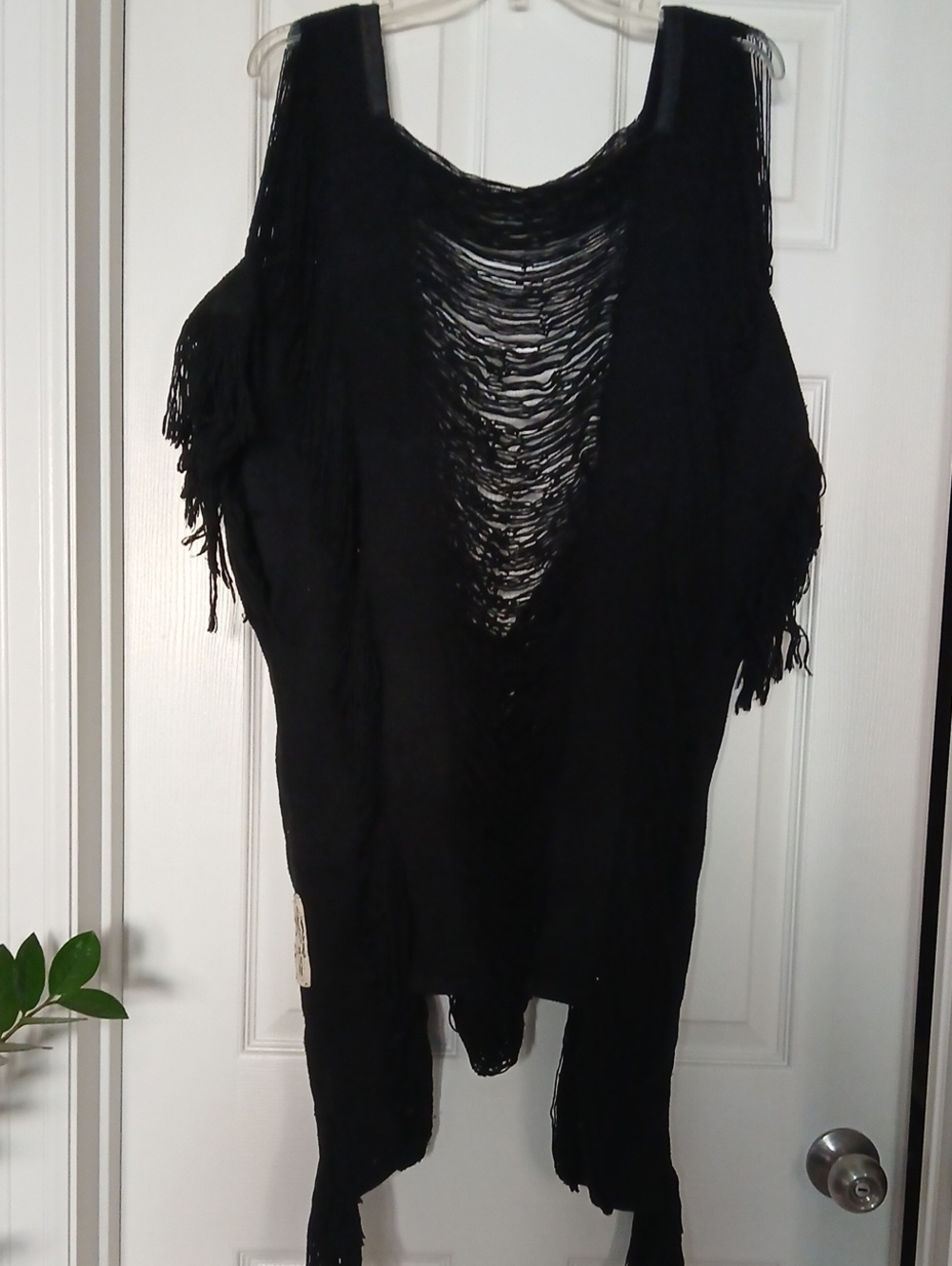 S by Serena Black Distressed Fringe Off-the-Shoulder Sweater